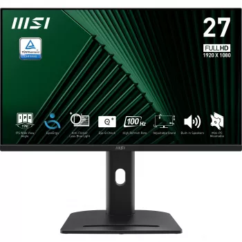 Monitor MSI PRO MP275PG 27 cali, Full HD 1920x1080, IPS, 100 Hz, 1 ms MPRT, HDMI, DisplayPort, D-Sub (VGA), głośniki 2x 2 W, Adaptive-Sync, regulacja nachylenia/obrotu/wysokości/pivot, VESA 100x100, TUV, Kensington, czarny
