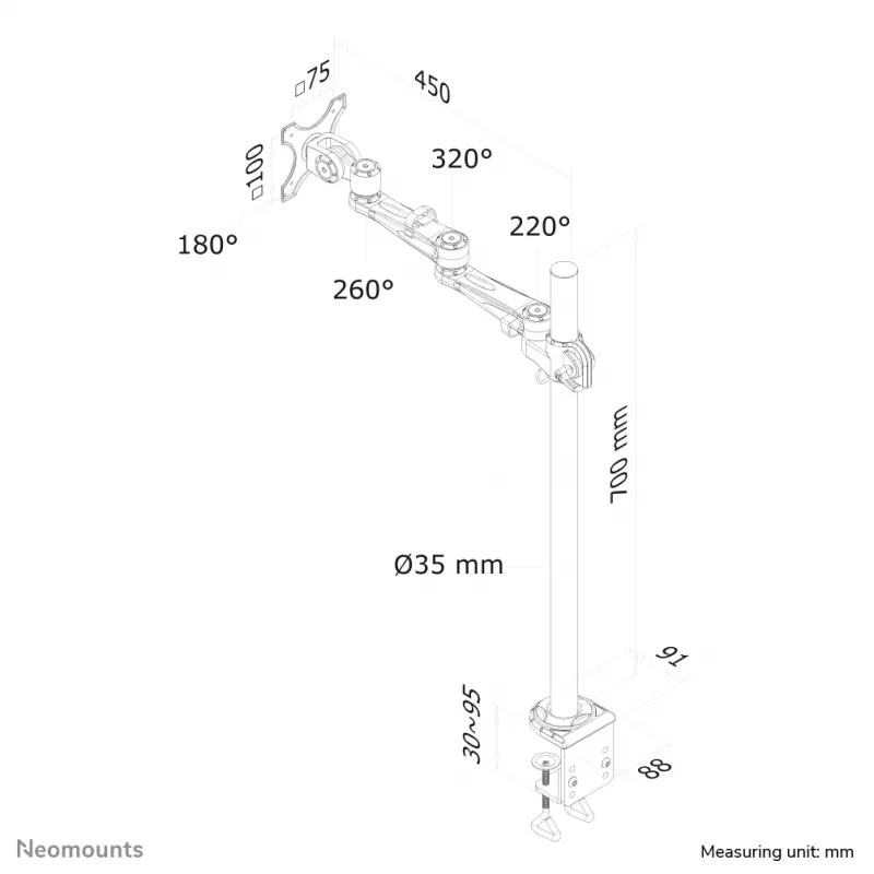 Neomounts FPMA-D935POLE70 Ramię do monitora 10-30 cali, Zacisk, 10 kg, 25.4 cm (10 cali), 76.2 cm (30 cali), 100 x 100 mm, Srebrny