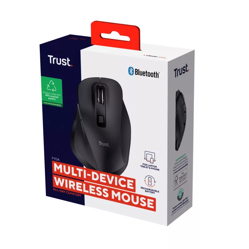 TRUST Fyda Office praworęczna mysz bezprzewodowa — RF + Bluetooth, optyczna 2400 DPI, 6 przycisków, czarna