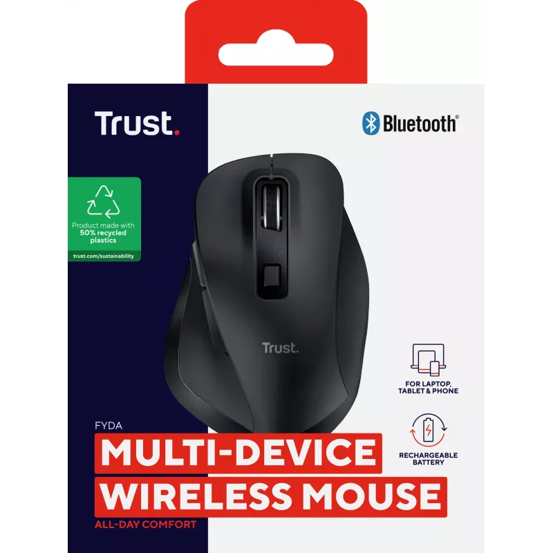 TRUST Fyda Office praworęczna mysz bezprzewodowa — RF + Bluetooth, optyczna 2400 DPI, 6 przycisków, czarna