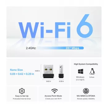 Bezprzewodowa karta sieciowa USB TP-Link Archer TX1U Nano Wi-Fi 6 (IEEE 802.11ax) dwuzakresowa 2,4/5 GHz, 287 Mbit/s, Bluetooth, USB 2.0, czarna