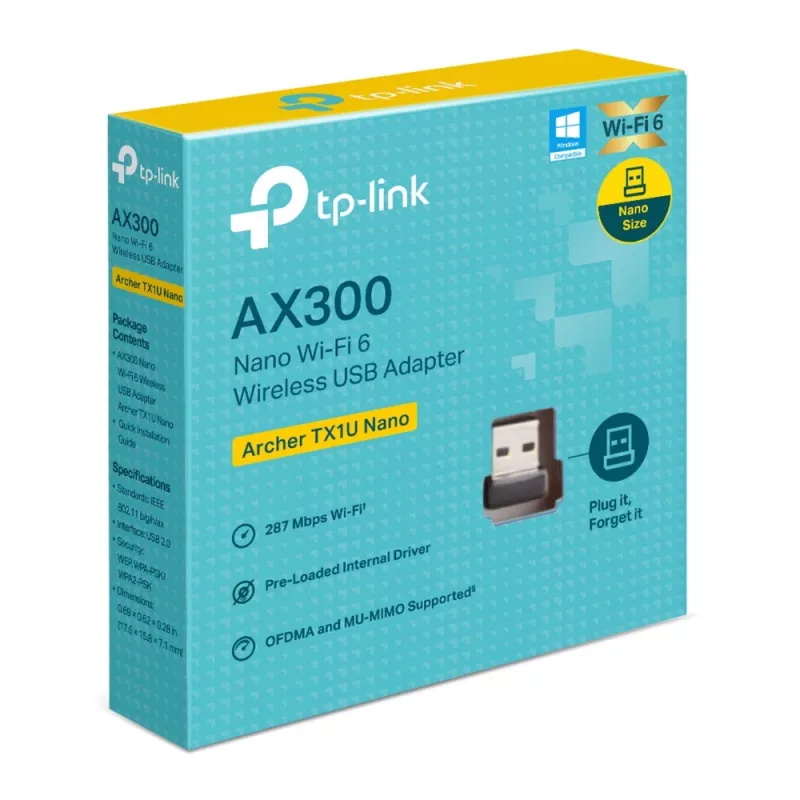Bezprzewodowa karta sieciowa USB TP-Link Archer TX1U Nano Wi-Fi 6 (IEEE 802.11ax) dwuzakresowa 2,4/5 GHz, 287 Mbit/s, Bluetooth, USB 2.0, czarna