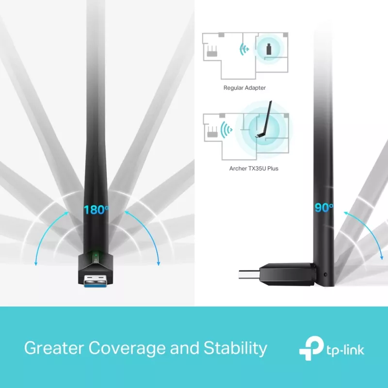 Bezprzewodowa karta sieciowa Wi‑Fi USB TP‑LINK Archer TX35U PLUS — Wi‑Fi 6, dwuzakresowa, 1201 Mbit/s, zasilana przez USB, czarna