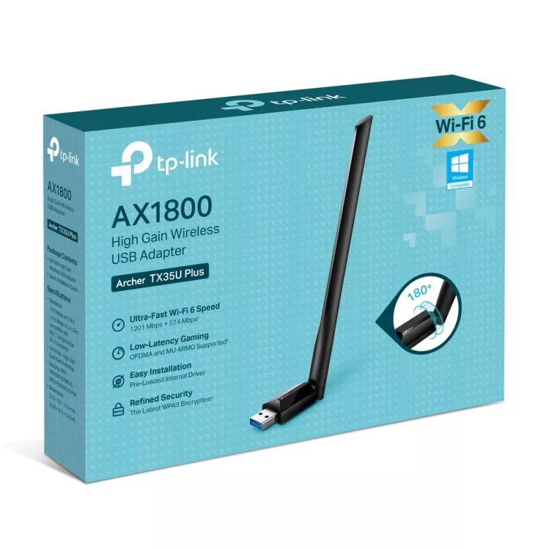 Bezprzewodowa karta sieciowa Wi‑Fi USB TP‑LINK Archer TX35U PLUS — Wi‑Fi 6, dwuzakresowa, 1201 Mbit/s, zasilana przez USB, czarna