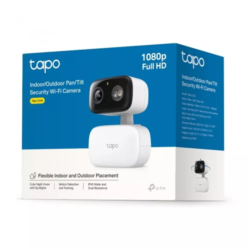 Kamera monitorująca TP-LINK Tapo C206 – wewnętrzna/zewnętrzna 1080p HD, obrót i pochylenie, widzenie nocne, dwukierunkowy dźwięk