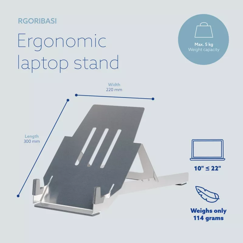 R-Go Tools Uchwyt na laptopa R-Go Riser Basic, składany i regulowany podnośnik pod laptopa, aluminium, srebrny