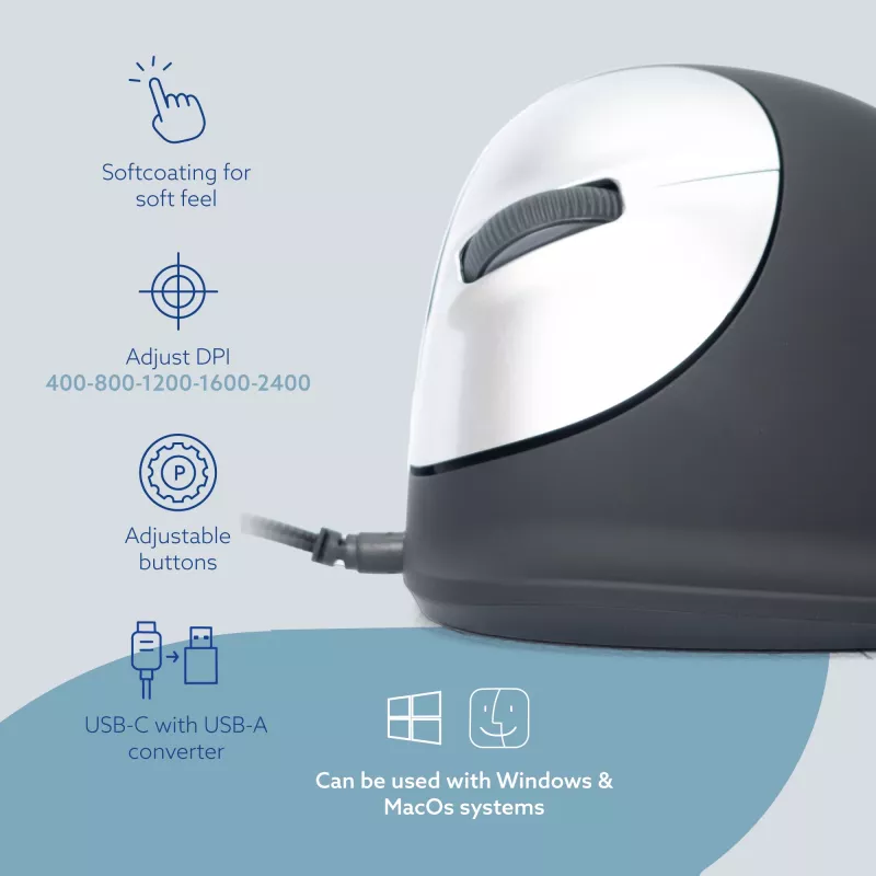 Ergonomiczna mysz R-Go HE Break z oprogramowaniem do przerw, duża (rozmiar dłoni ≥ 185 mm), dla leworęcznych, przewodowa, czarna