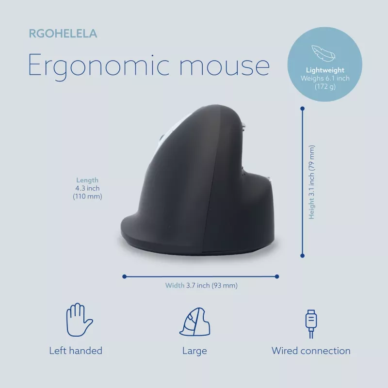 Ergonomiczna mysz R-Go HE Break z oprogramowaniem do przerw, duża (rozmiar dłoni ≥ 185 mm), dla leworęcznych, przewodowa, czarna