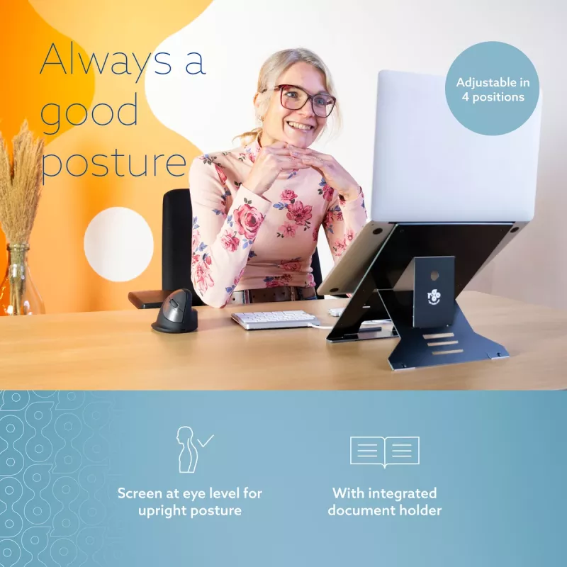 Podstawka pod laptopa R-Go Tools R-Go Riser Document, ergonomiczna, składana i regulowana podstawka z uchwytem na dokumenty, czarna