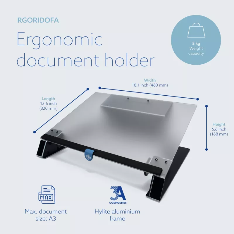 Uchwyt na dokumenty R-Go Read2Write R-Go Tools, odpowiedni do czytania i pisania, ergonomiczny, z miękką piankową podpórką pod nadgarstek, matowy akryl