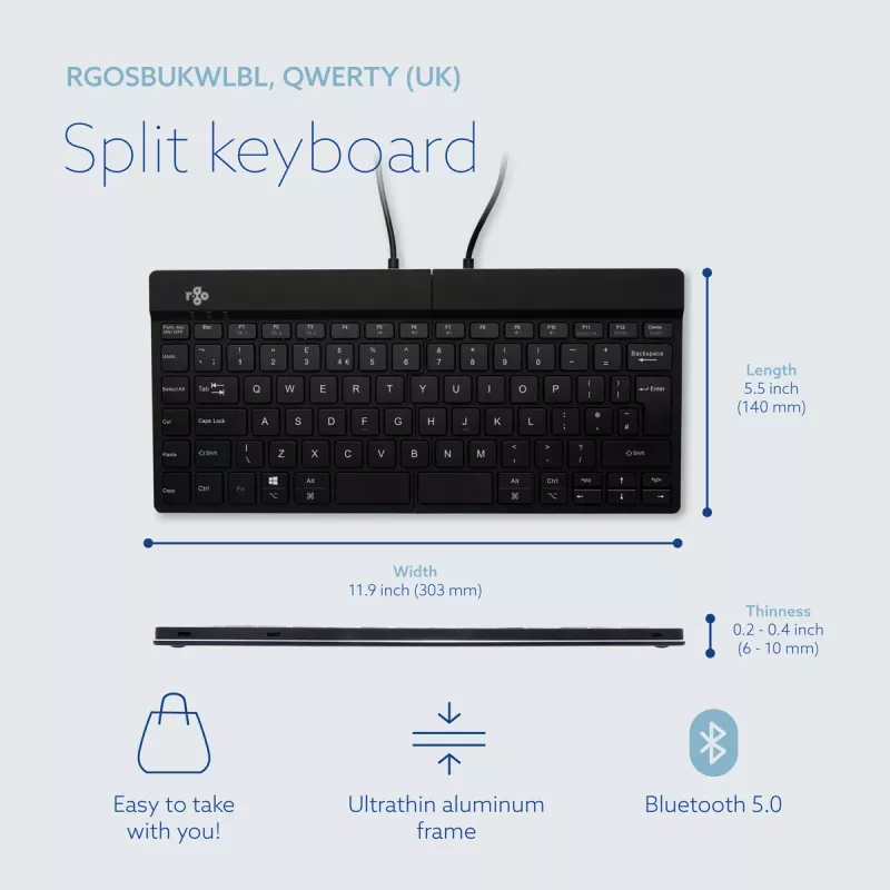 Klawiatura ergonomiczna R-Go Split Break z oprogramowaniem do przerw, ergonomiczna klawiatura dzielona, QWERTY (UK), Bluetooth, czarna