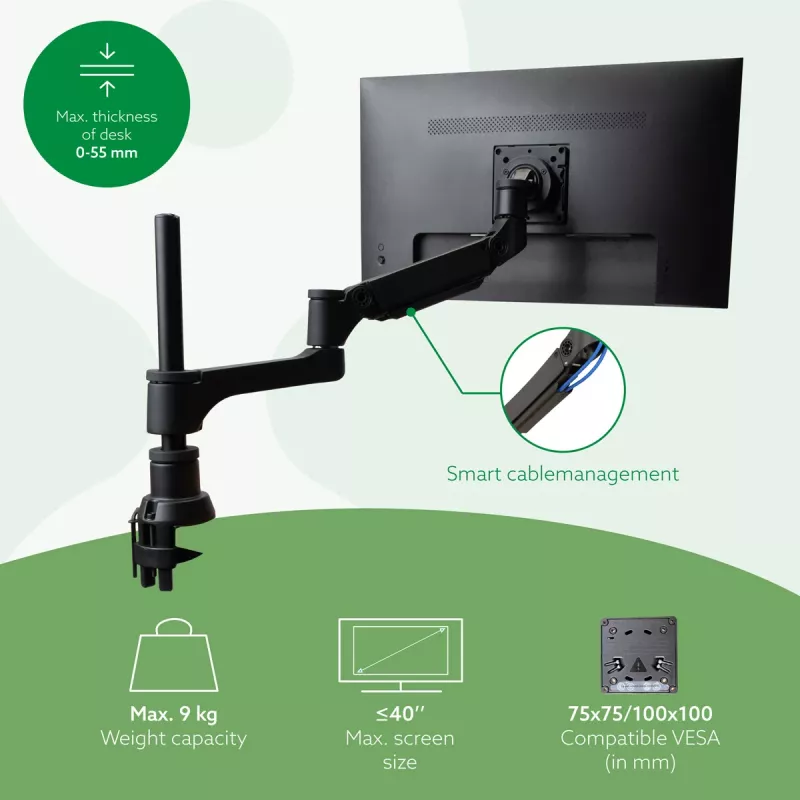 R-Go Tools Ramiona do monitora R-Go Caparo Single, w pełni regulowane ze sprężyną gazową, udźwig 3-9 kg, w 100% okrągłe, czarne
