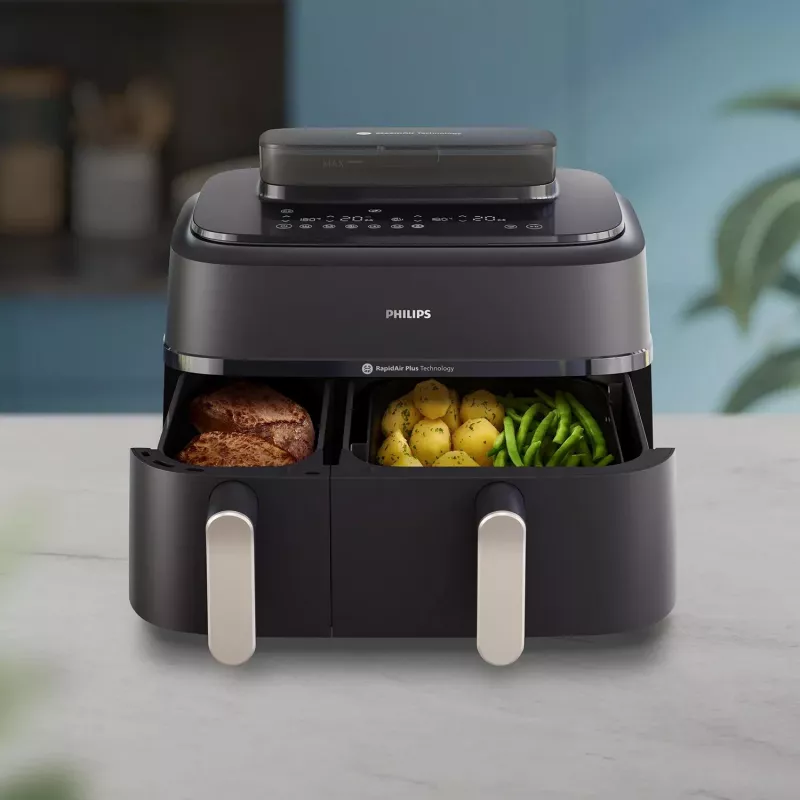 Gorąca frytownica powietrzna Philips 5000 series NA551/00 — pojemność 9 l, 2300 W, sterowanie dotykowe, wyświetlacz LED, czarny/srebrny