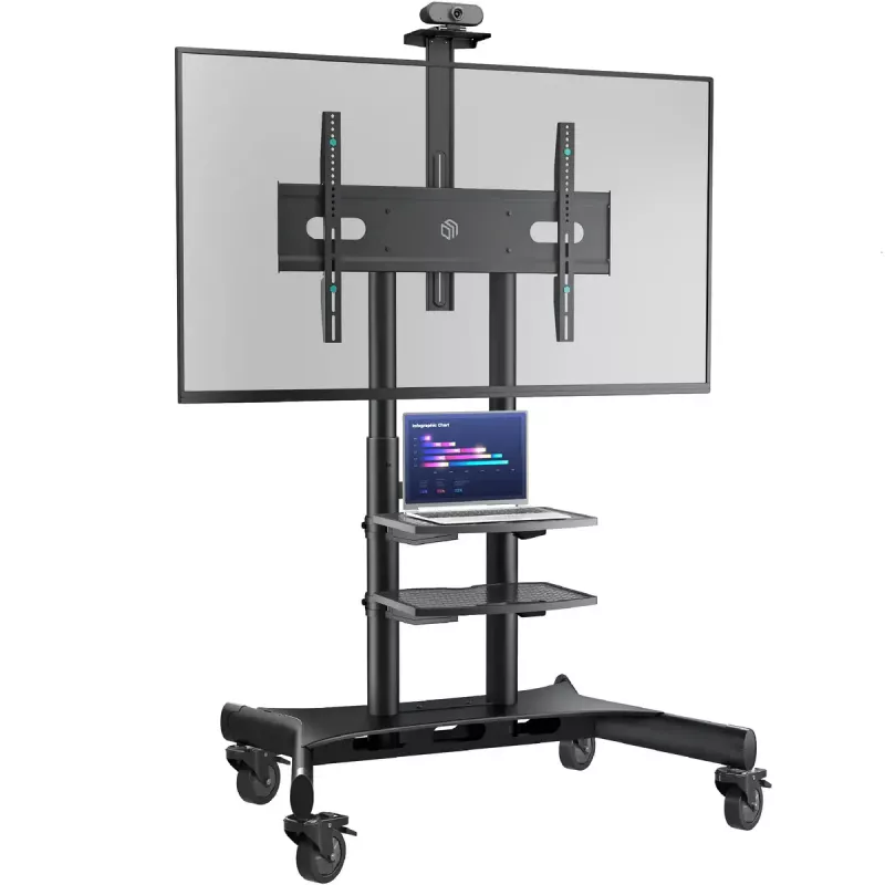 ONKRON TS1881-B mobilny stojak na telewizor z kółkami i półkami do telewizorów 50–86", do 90 kg, VESA 200×200–800×500, regulowana wysokość, czarny