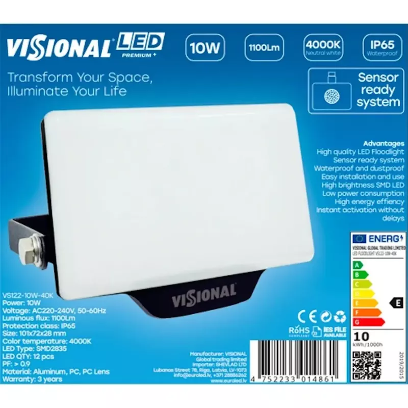 Lampa ścienna LED VISIONAL VS122-10W-40K — 10 W, 1100 lm, 4000 K do zewnątrz/fasady
