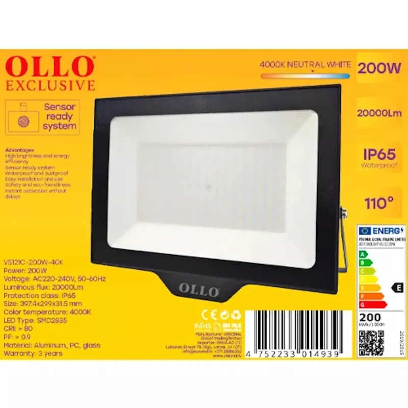 Zewnętrzny naświetlacz LED OLLO VS121C-200W-40K — 200 W, 20 000 lm, 4000 K