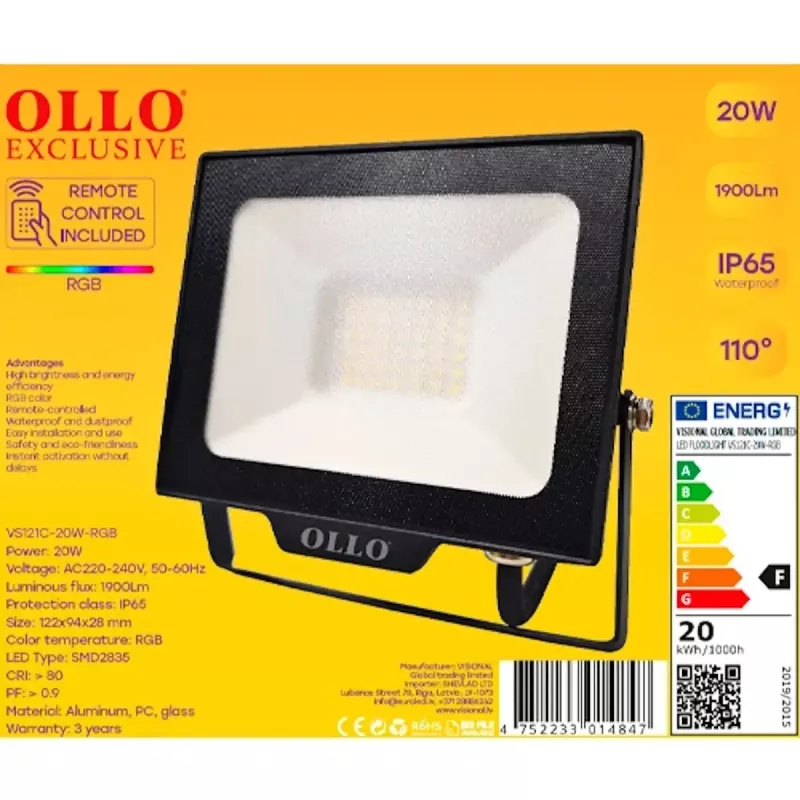 Zewnętrzny naświetlacz LED OLLO VS121C-20W-RGB 20W 1900lm RGB