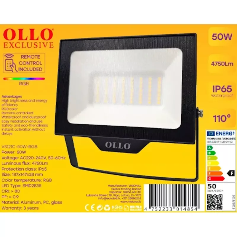 Zewnętrzny naświetlacz LED OLLO VS121C-50W-RGB — 50 W, 4750 lm, RGB
