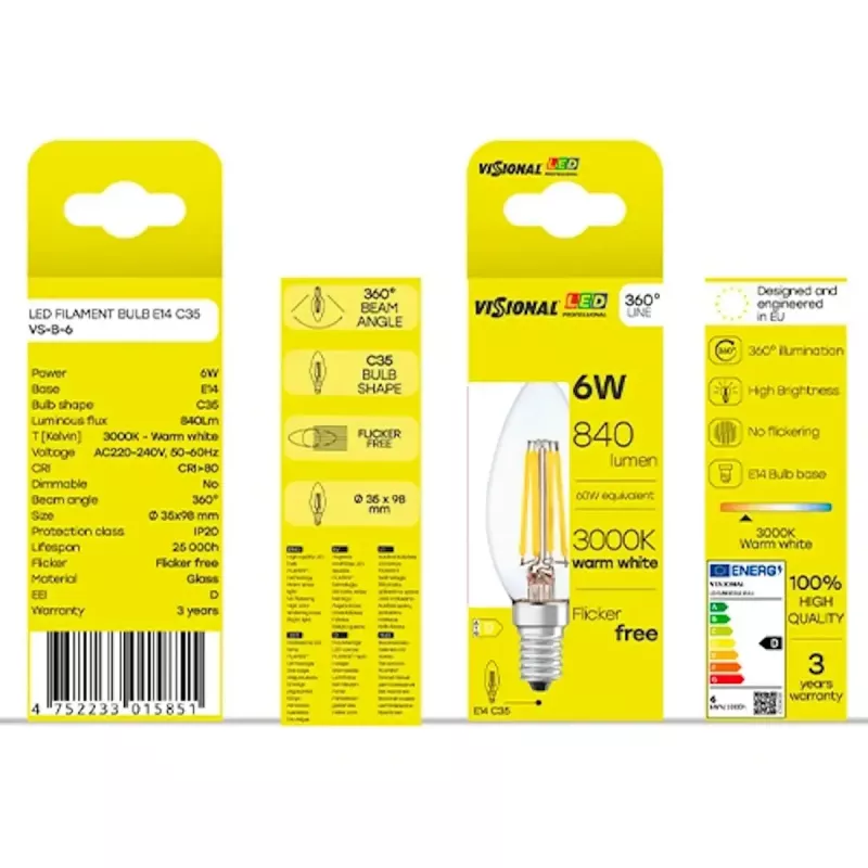Żarówka LED VISIONAL VS-B-6, pobór mocy 6 W, strumień świetlny 840 lm