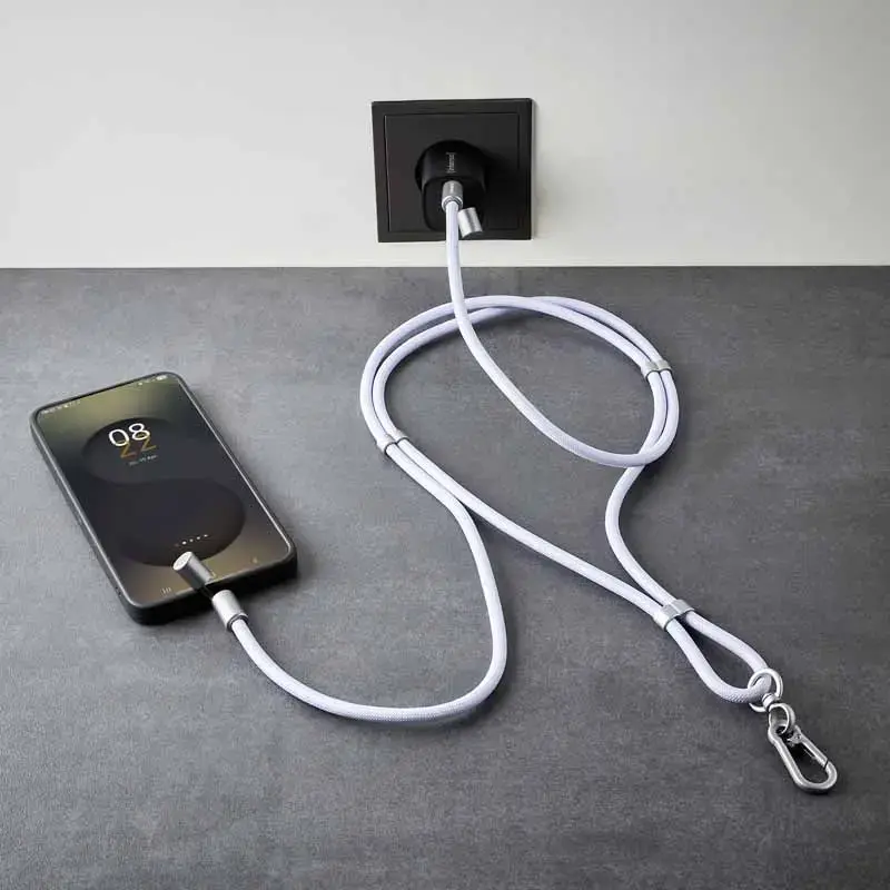 Intenso USB-C Smycz Ładująca Kabel Naszyjnik na Telefon 60W Szybkie Ładowanie Regulowana Długość 1,65m Nylon Fioletowy
