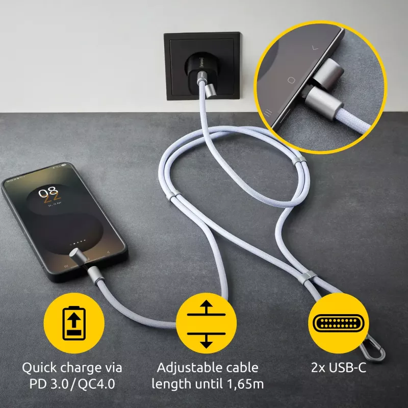 Intenso USB-C Smycz Ładująca Kabel Naszyjnik na Telefon 60W Szybkie Ładowanie Regulowana Długość 1,65m Nylon Fioletowy