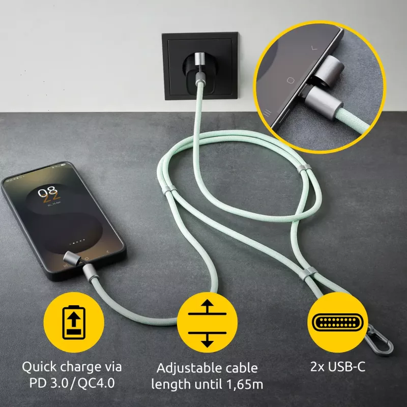Intenso Smycz Ładująca USB-C na Szyję Kabel 60W Szybkie Ładowanie Regulowana Długość 1,65m Nylon Zielony
