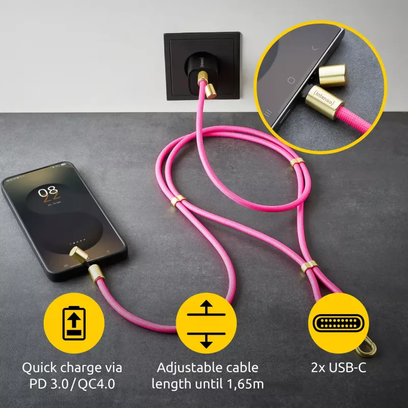 Intenso USB-C Charging Lanyard Smycz na telefon z kablem do ładowania 60W szybkie ładowanie regulowana długość 1,65m nylon neonowy różowy
