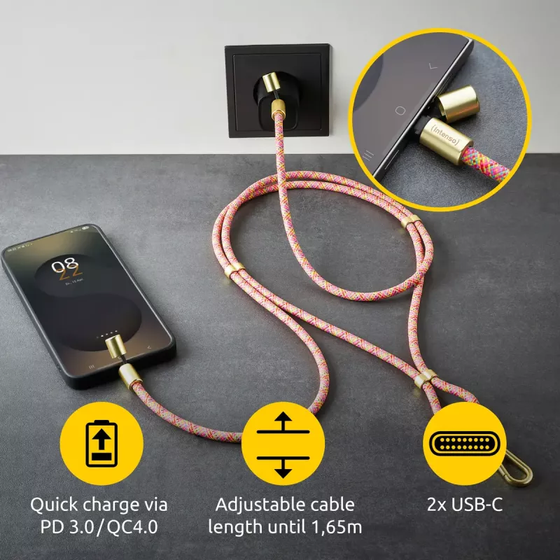 Intenso Smycz-ładowarka USB-C na szyję do telefonu Kabel 60W Szybkie ładowanie Regulowana długość 1,65m Nylon Wielokolorowy