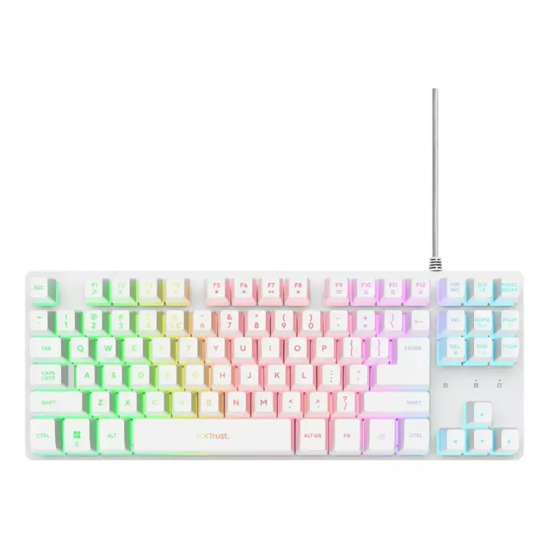 Mechaniczna klawiatura gamingowa bez bloku numerycznego TRUST GXT 833W Thado TKL — USB, QWERTY US, RGB, biała, 87 klawiszy