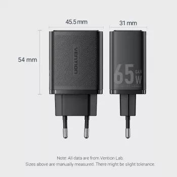 Vention FERW0-EU 65W Indoor AC Fast Charger for Laptop, Smartphone, Tablet, Smartwatch, Headphones, 2× USB-C, biały