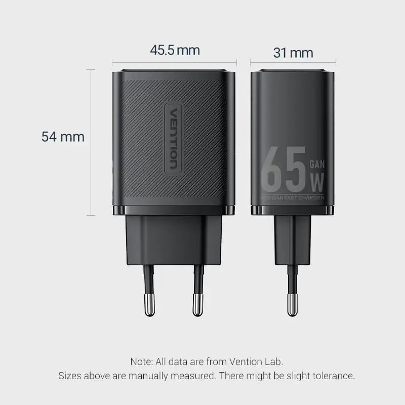 Vention FERW0-EU 65W Indoor AC Fast Charger for Laptop, Smartphone, Tablet, Smartwatch, Headphones, 2× USB-C, biały