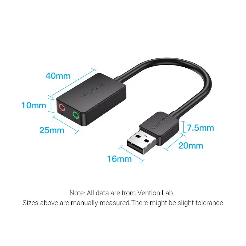 Vention 2-portowa zewnętrzna karta dźwiękowa USB 0,15 m czarna 2.1 kanałów 16 bitów