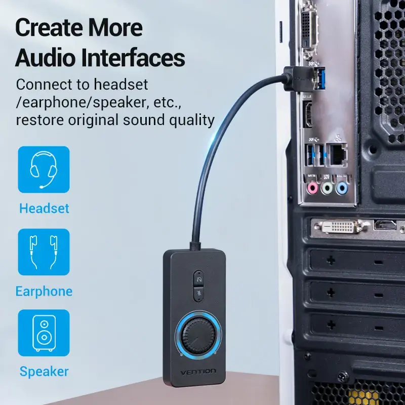 Vention USB 2.0 Zewnętrzny adapter dźwięku stereo z regulacją głośności 0,15 m czarny ABS