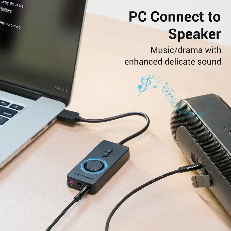 Vention USB 2.0 Zewnętrzny adapter dźwięku stereo z regulacją głośności 0,15 m czarny ABS