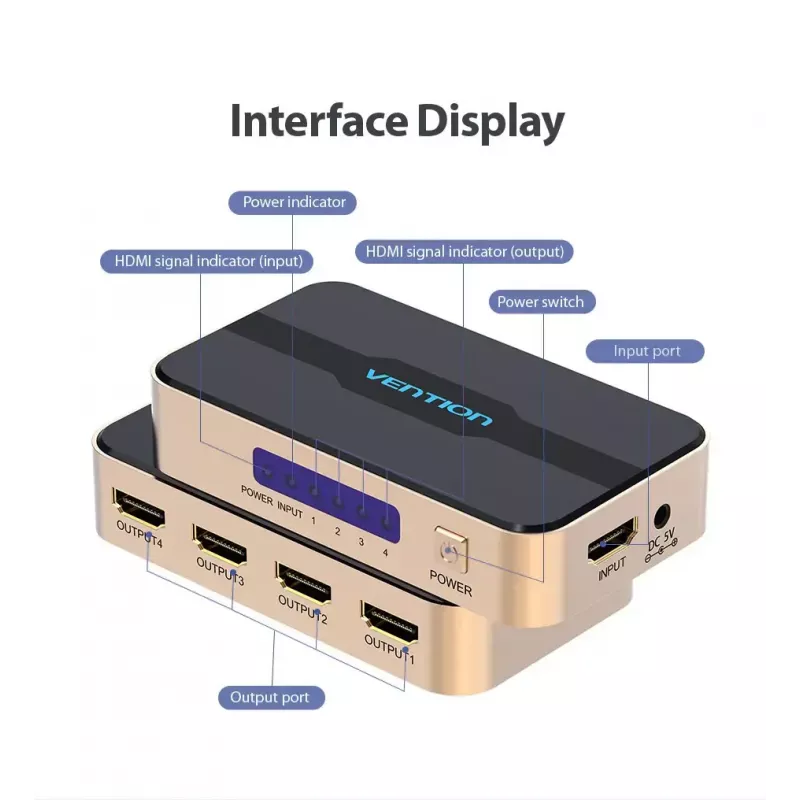 HDMI Splitter Vention 1 In 4 Out 4K@30Hz Gold Aluminum Alloy