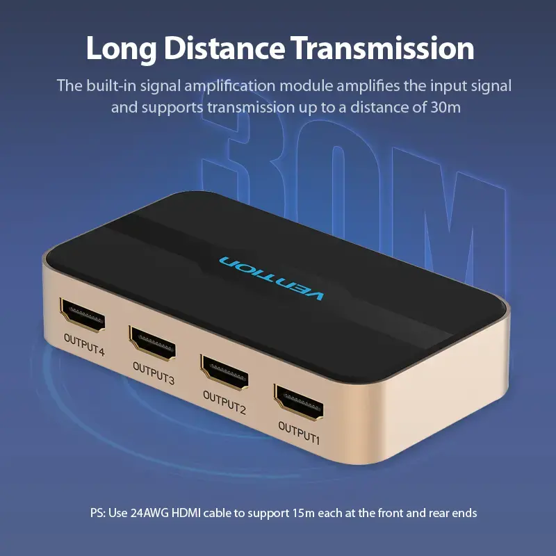 HDMI Splitter Vention 1 In 4 Out 4K@30Hz Gold Aluminum Alloy