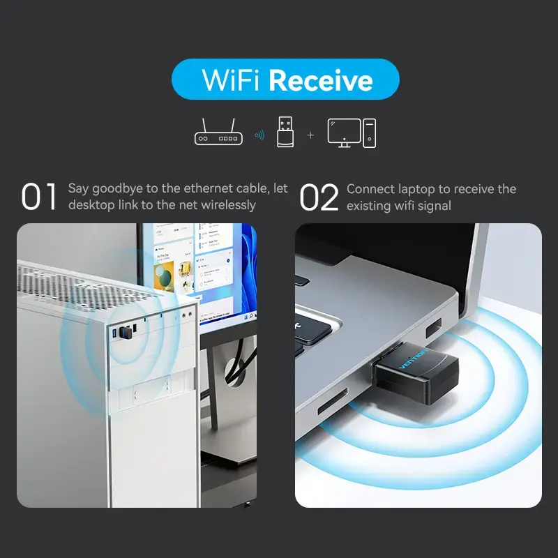 Vention USB Wi-Fi dwupasmowy adapter 2.4G/5G czarny bezprzewodowy USB 433 Mbit/s