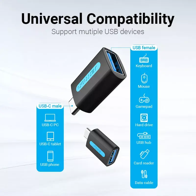 Adapter Vention USB-C do USB 3.0 OTG CDUB0 — wtyk USB-C na gniazdo USB-A, czarny PCV, styki niklowane
