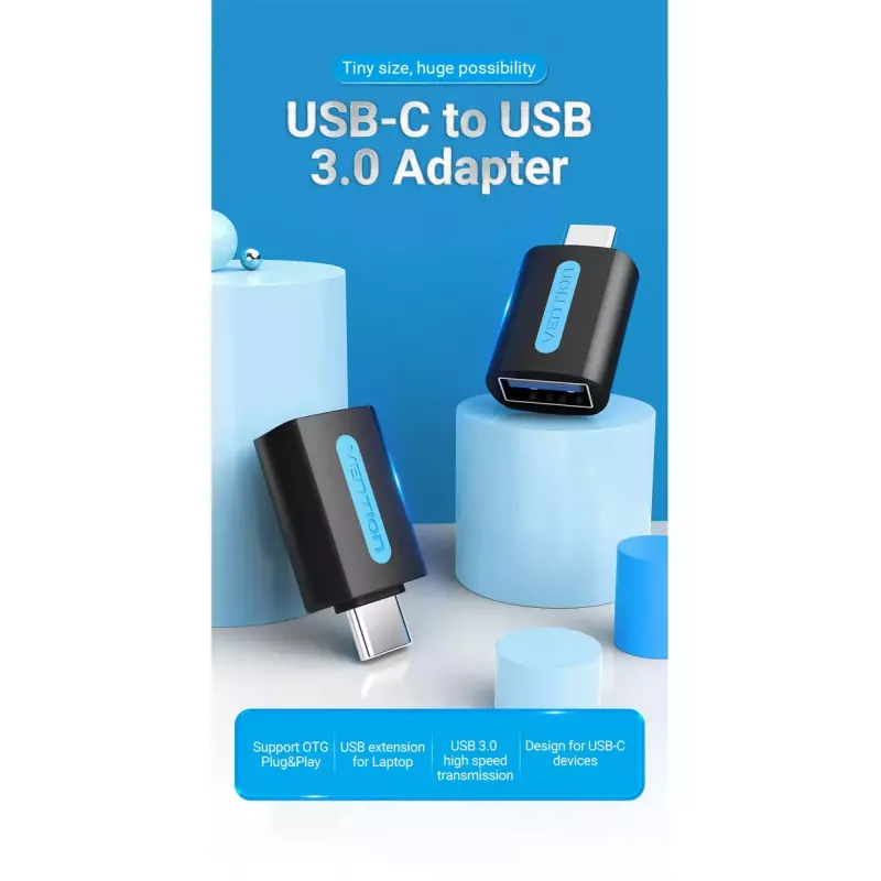 Adapter Vention USB-C do USB 3.0 OTG CDUB0 — wtyk USB-C na gniazdo USB-A, czarny PCV, styki niklowane