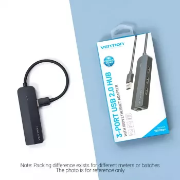 Koncentrator USB 2.0 Vention 3-portowy z adapterem Ethernet 100M, host USB 2.0, 4 porty, czarny