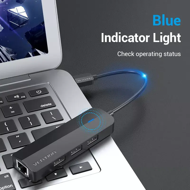 Koncentrator USB 2.0 Vention 3-portowy z adapterem Ethernet 100M, host USB 2.0, 4 porty, czarny
