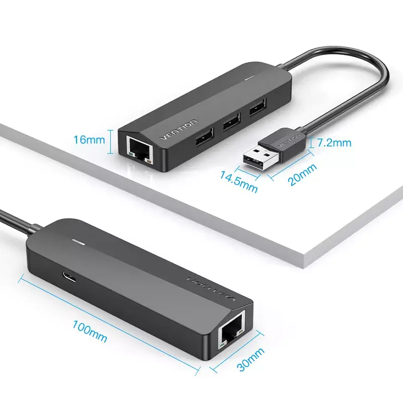 Koncentrator USB 2.0 Vention 3-portowy z adapterem Ethernet 100M, host USB 2.0, 4 porty, czarny