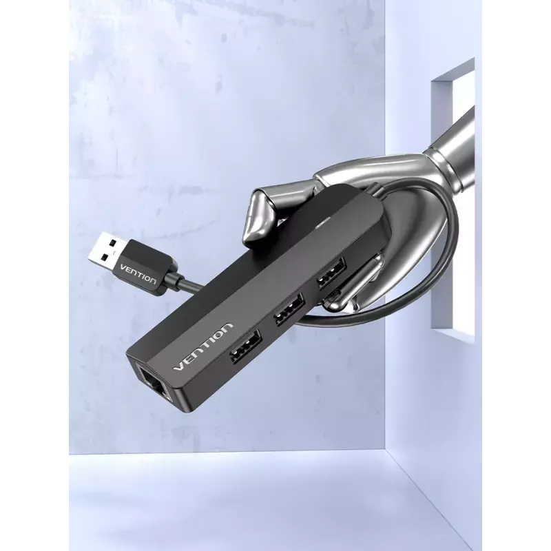 Koncentrator USB 2.0 Vention 3-portowy z adapterem Ethernet 100M, host USB 2.0, 4 porty, czarny