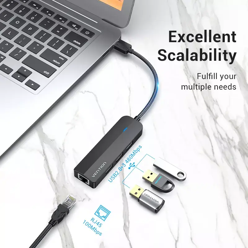 Koncentrator USB 2.0 Vention 3-portowy z adapterem Ethernet 100M, host USB 2.0, 4 porty, czarny