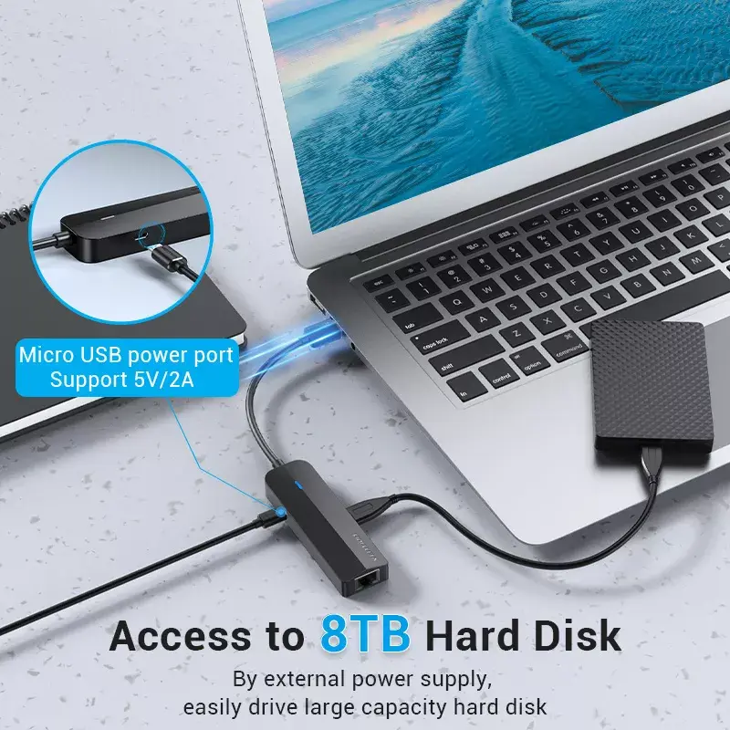 Koncentrator USB 2.0 Vention 3-portowy z adapterem Ethernet 100M, host USB 2.0, 4 porty, czarny