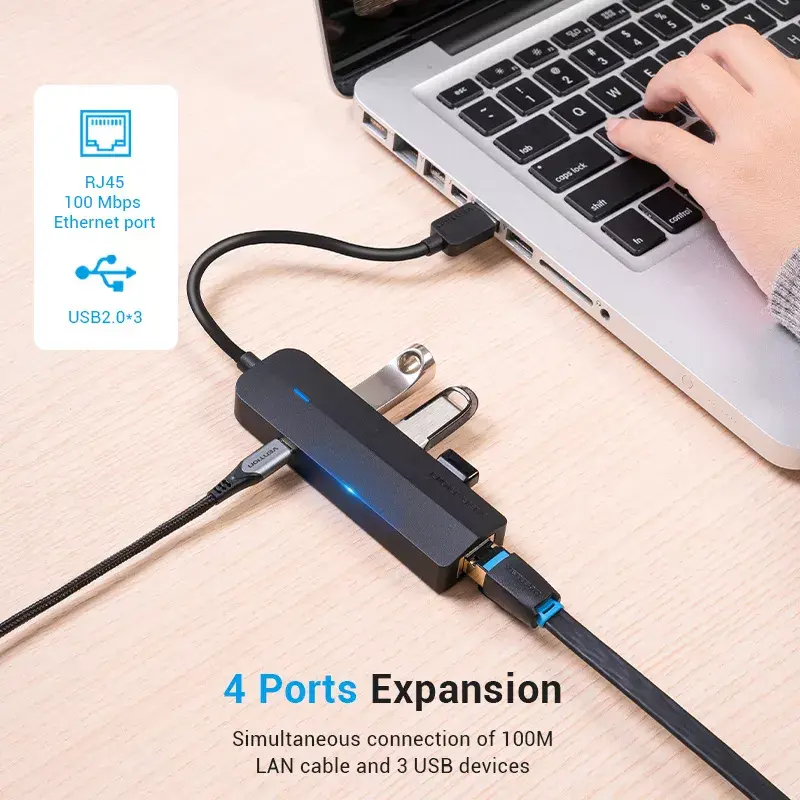 Koncentrator USB 2.0 Vention 3-portowy z adapterem Ethernet 100M, host USB 2.0, 4 porty, czarny
