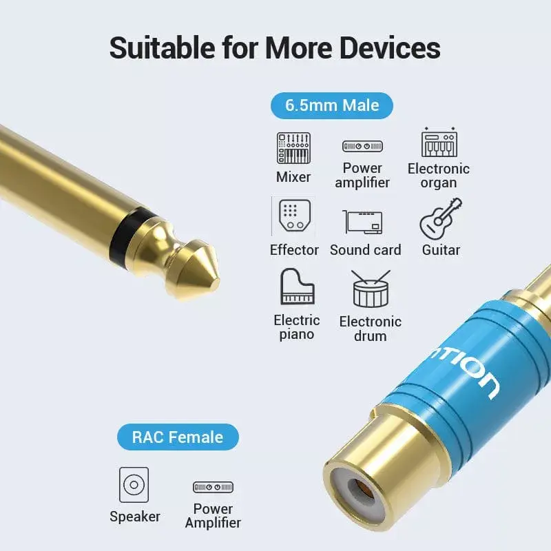 Adapter audio Vention VDD-C03 — 6,5 mm (męski) na RCA (żeński), pozłacane styki, niebieski
