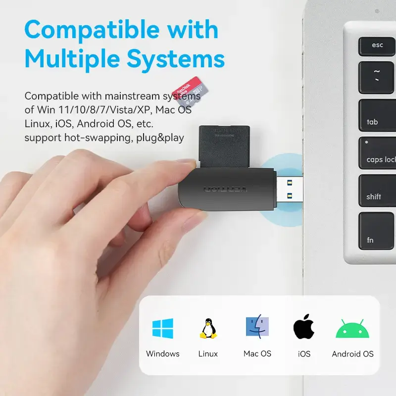 Czytnik kart Vention 2-w-1 USB 3.2 Gen 1 (USB 3.0) — SD i MicroSD, Czarny, Kompaktowy