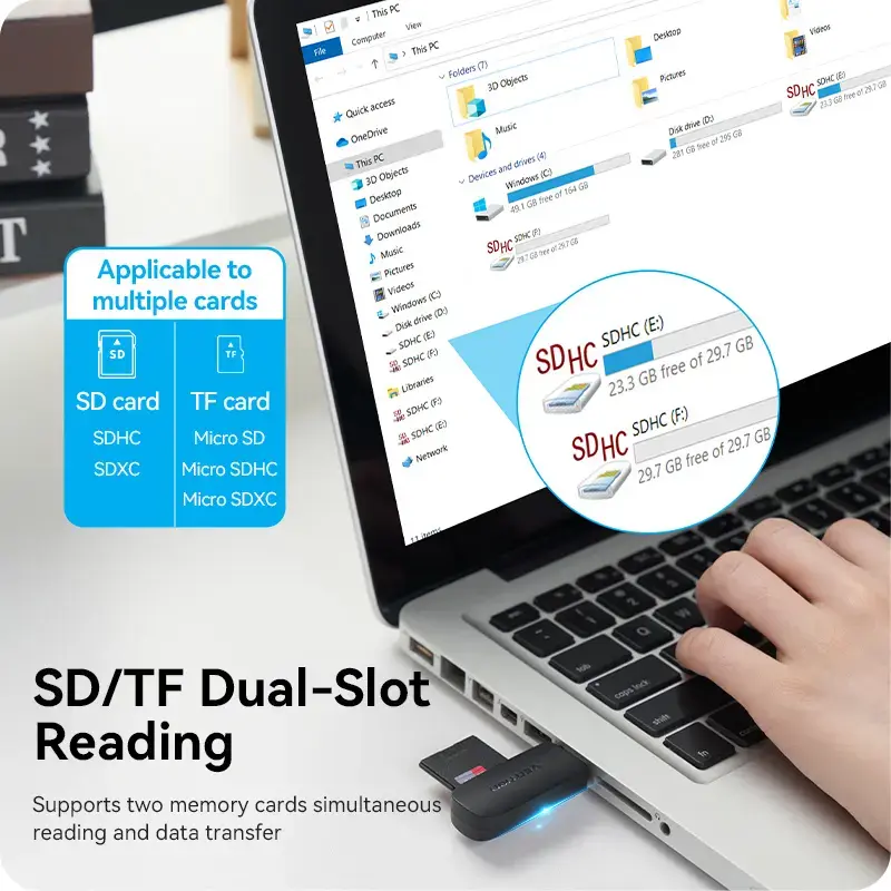 Czytnik kart Vention 2-w-1 USB 3.2 Gen 1 (USB 3.0) — SD i MicroSD, Czarny, Kompaktowy