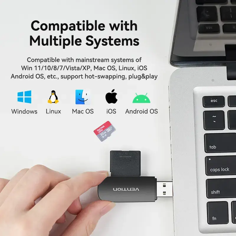 Vention 2-w-1 czytnik kart USB 3.0 A SD+TF, USB 3.2 Gen 1, 5000 Mbit/s, Czarny